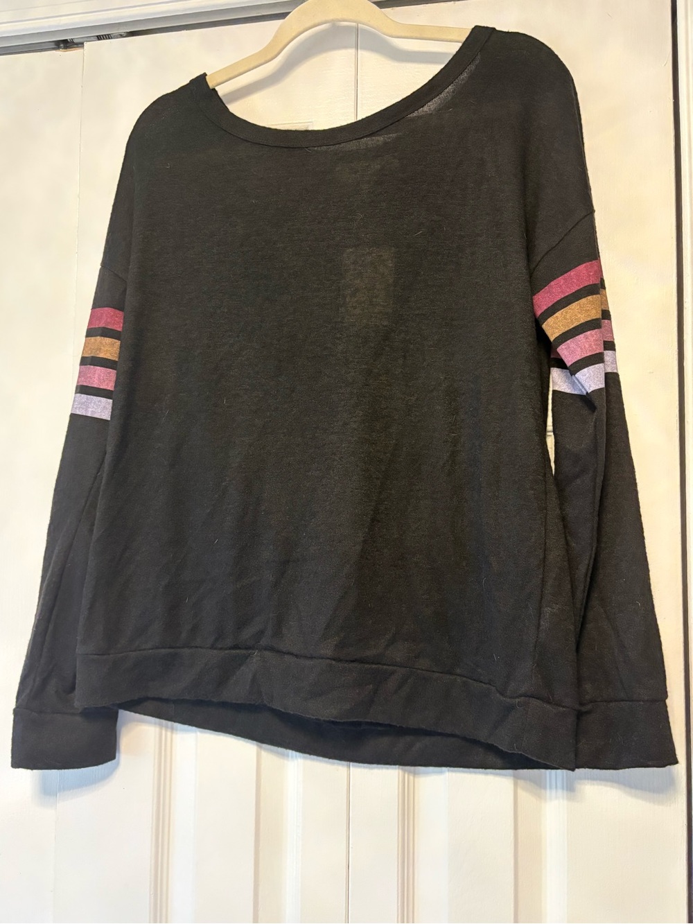 Hippie Rose Black Crewneck Sweater with Pink and Gold Sleeve Stripes
